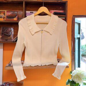 Cream Ruffle Collar Cropped Cardigan Zip Up Sweater